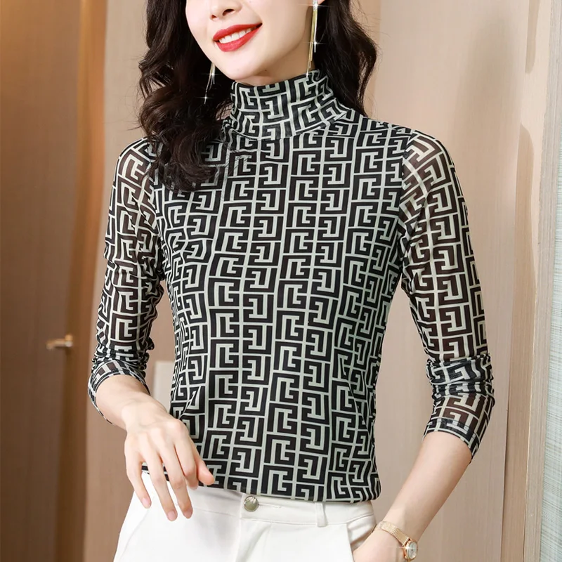 

Новинка весна-осень 2021, модная и Элегантная блузка Chikichi с высоким воротом и длинным рукавом, с принтом из сетки, женская блузка