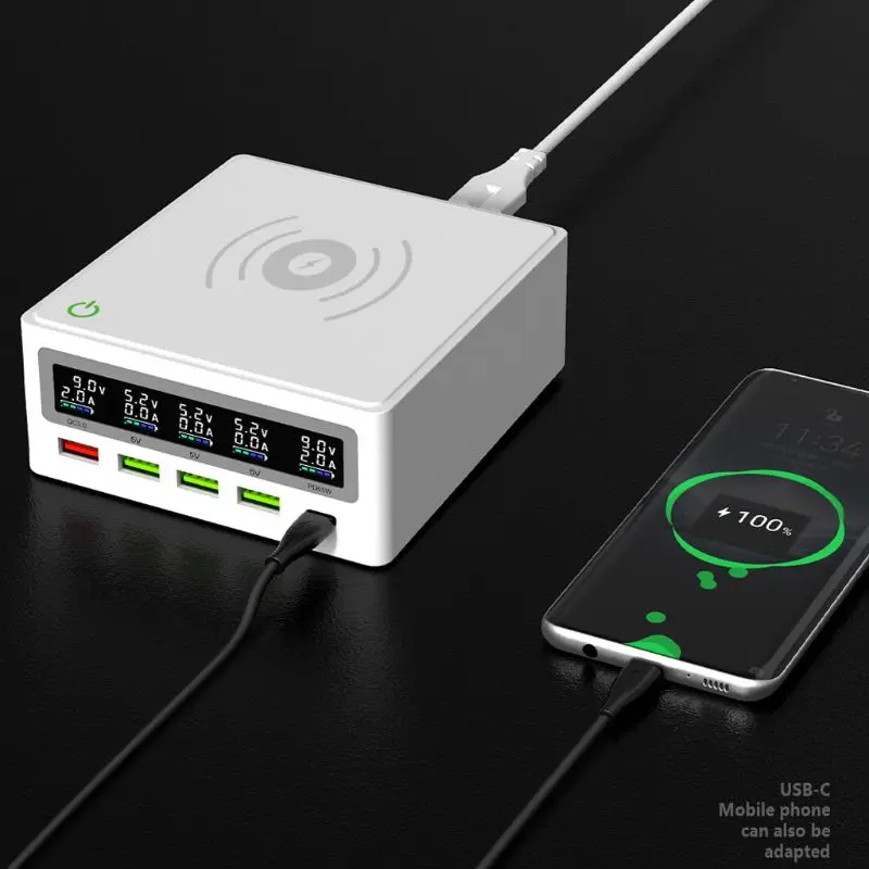 

5 Port QC3.0 USB Type-C PD 65W Power Adapter Qi Wireless Charger Cellphone Fast Charging Station Dock For Mobile Phone