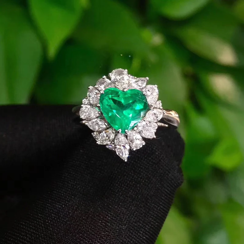 Fine Jewelry Real 18K Yellow Gold 1.41ct Heart Colombia Emerald Ring Natural...