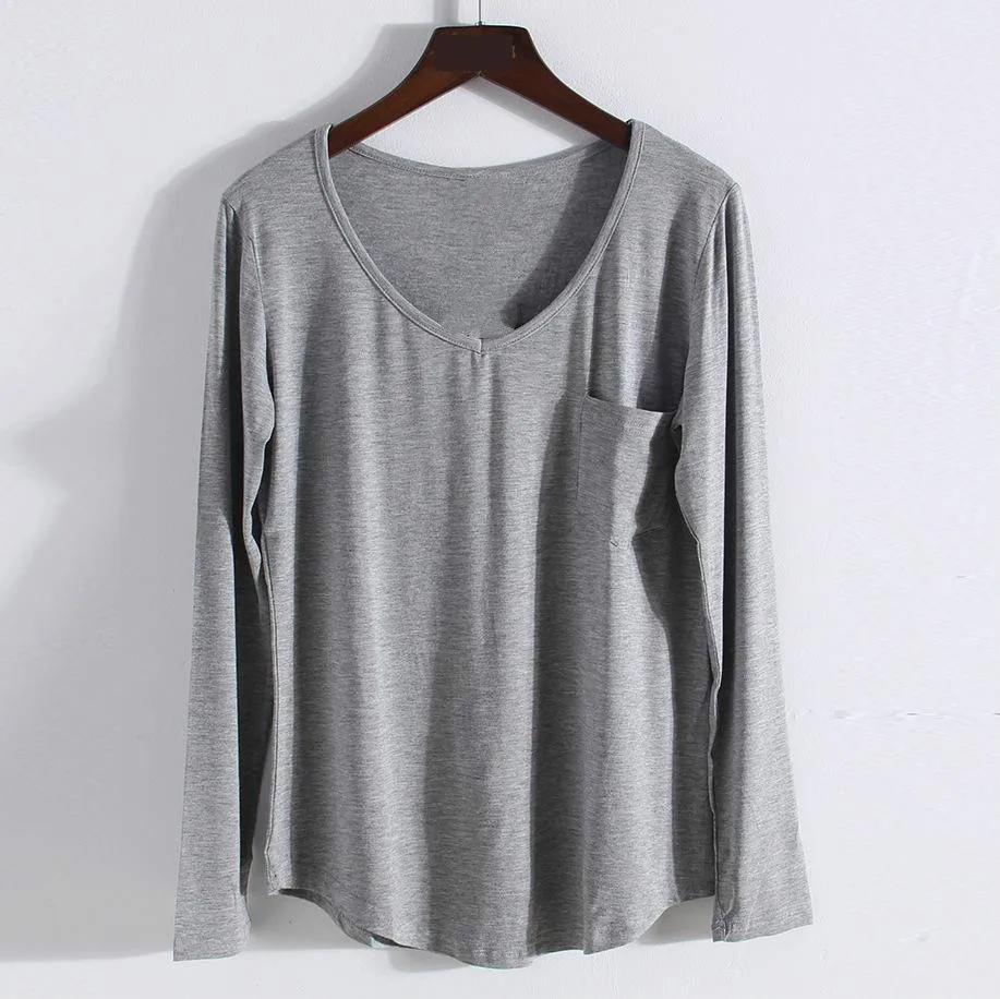 Модальный длинный рукав v образный вырез 4 цвета футболки весна лето Новое