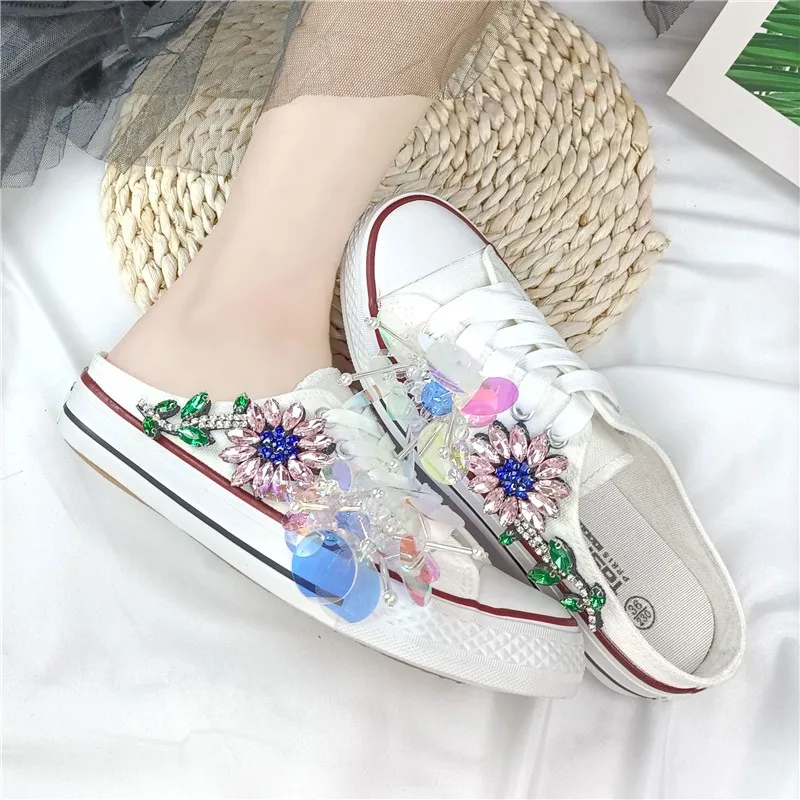

Original Design Custom Colorful Flowers Rhinestone Women Canvas Shoes for Women Round Toe Ladies Slides