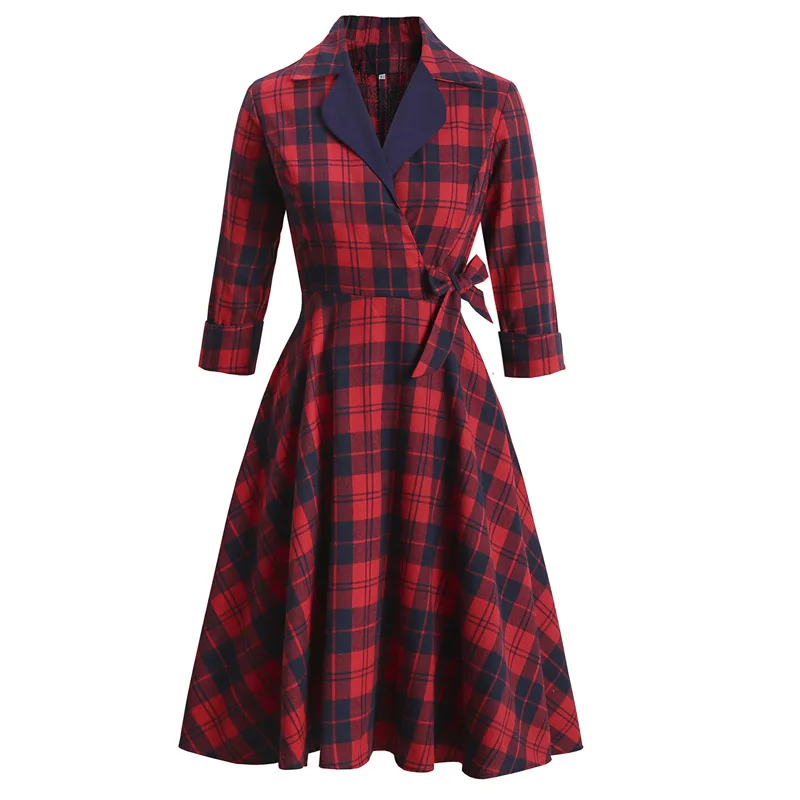 

High Waist Dress Women Retro British Red Pattern Plaid Long Sleeve Temperament Suit Dress Design Ladies Party Clothes New