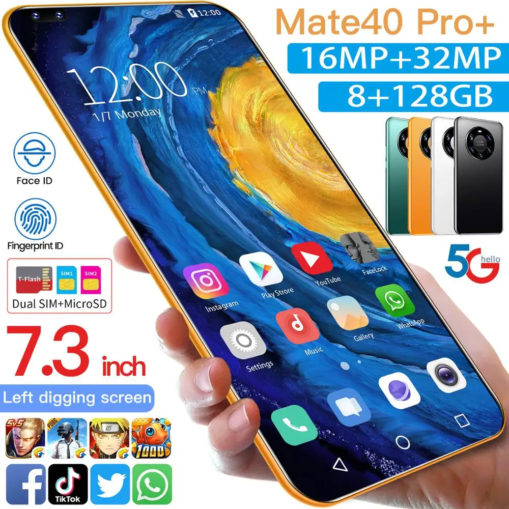 

Mate40 Pro+ 7.3 Inch Smartphone Global Version 128GB 32MP 6800mAh Deca Core Full Screen Mobile Phone Dual SIM