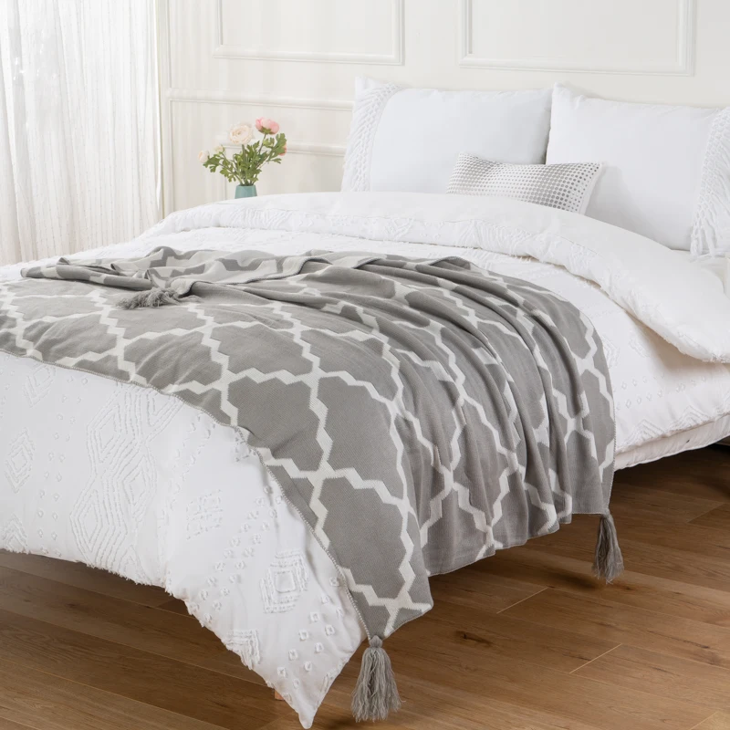 Мягкое вязаное пледовое одеяло с геометрическим узором и кисточкой 50 дюймов на 60