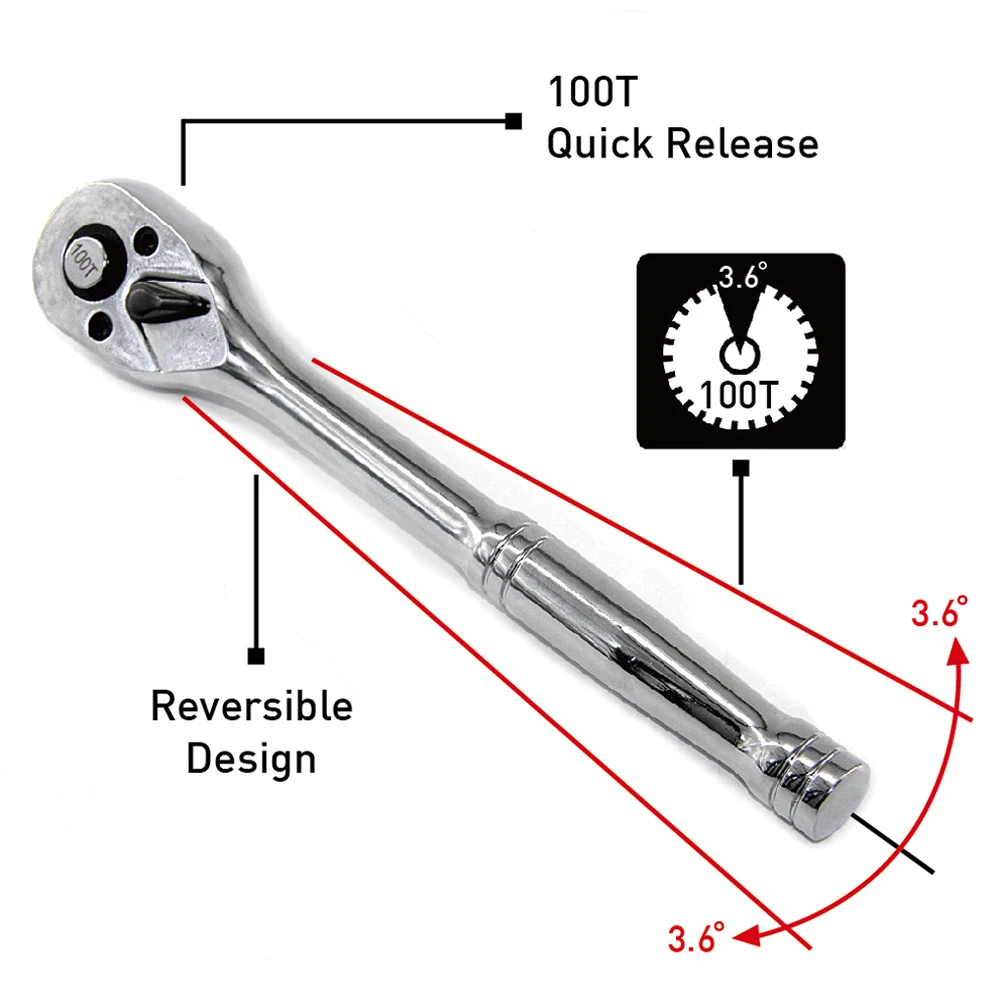 

100 Teeth Quick Release CRV Steel Ratchet Handle Narrow Place Using More Precision Than Normal Ratchet 1/4“ 3/8” or 1/2“ Drive