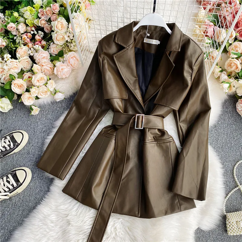 Модное женское пальто из искусственной кожи в британском стиле с отложным