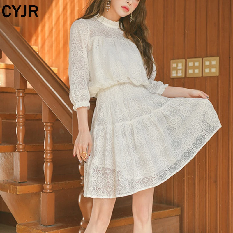 

Elegant Lace Dress Office Women White A-Line Dress Half Sleeve Elastic Waist Harajuku Vestidos Robe Mujer Korean Style
