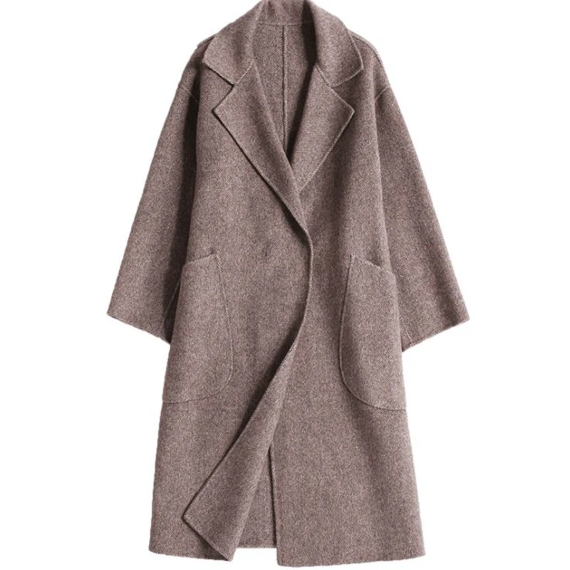 

Elegant Women Wool Overcoat Long Turn Down Collar Long Sleeve Female Outerwear Double faced cashmere Ladies Loose Winter Coat