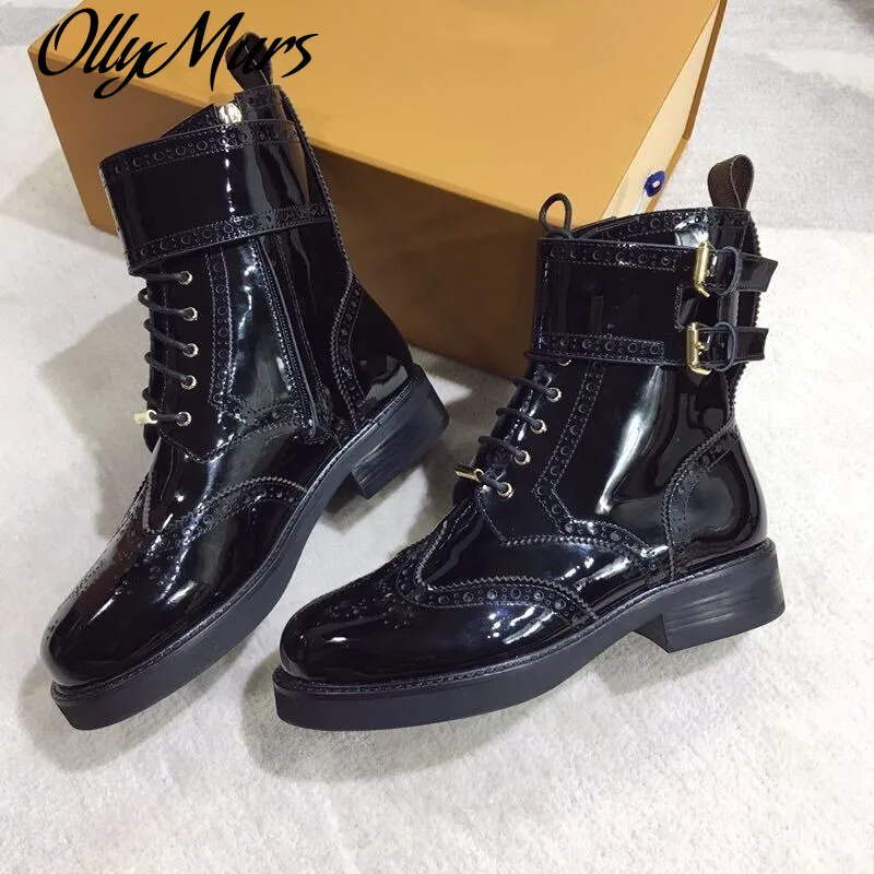 

Ollymurs Motorcycle Boots Autumn Women Shoes Patent Leather Platform Short Boots Belt Buckle ZIP Square Heels Size 35-41