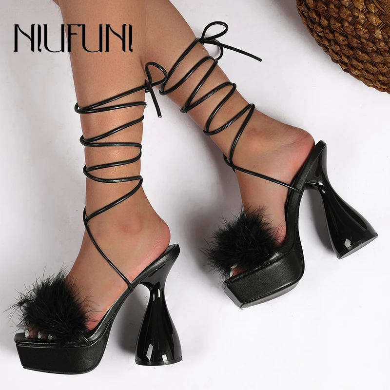 

2022 Roman Rabbit Fur Strappy Chunky Heels Fashion Big Fish Peep Toe Ankle Cross Lace Up Platform Sandals Women Shoes Size 40