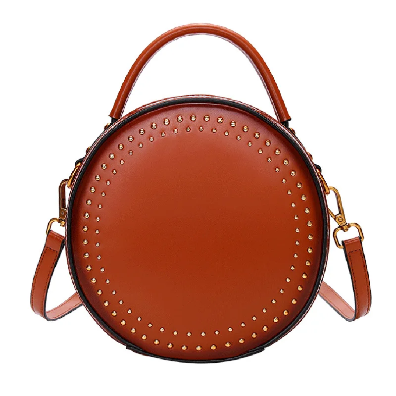 

Leather women's bag 2021 new messenger bag leather retro rivet single shoulder bag women's handbag small round bag women's purse