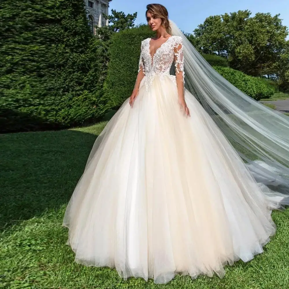 

New Sexy Ball Gown Wedding Dresses See Through Beading Appliques Bodice Vestidos de Novia Vintage Tulle Mariage Robe With Veil