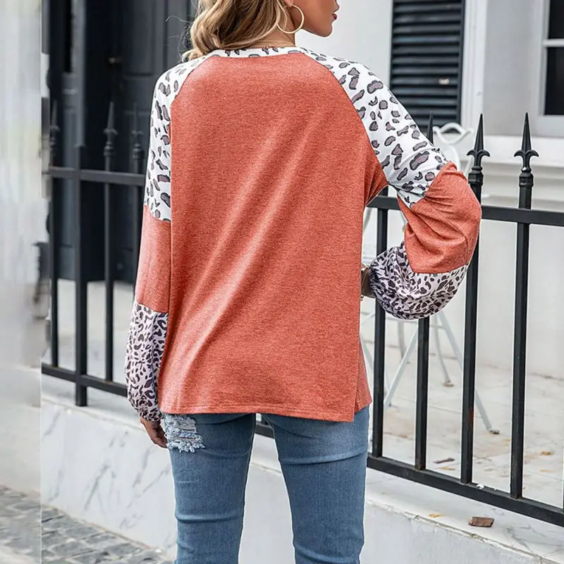

Ladies Leopard Print Stitching T Shirts Women Round Neck Casual Loose Tops Spring Summer Female T Shirts