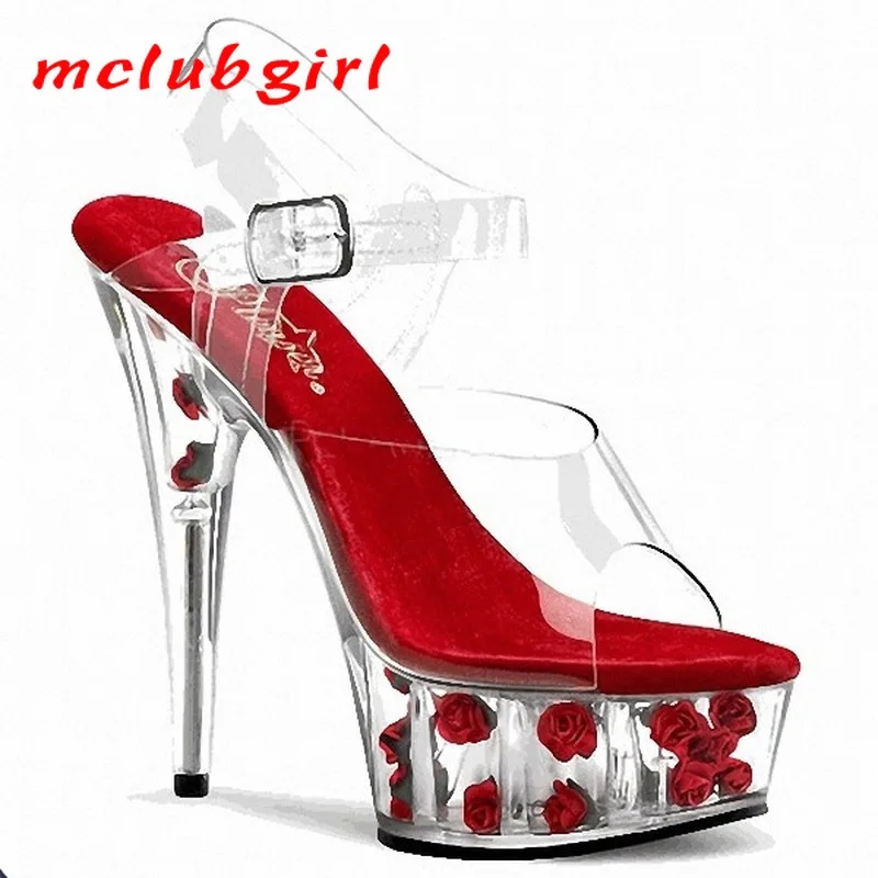 

Mclubgirl 15cm Heels Solid Round Head Transparent Rose Crystal Super High Heel Model Walk Show Thick Bottom Sandals LYP
