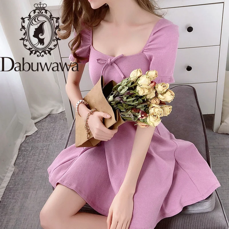 

Dabuwawa Elegant Pink Solid Dress Women Square Neck Bow Short Sleeve Slim Fit French Stylish Sweet Dress Female DT1BDR058