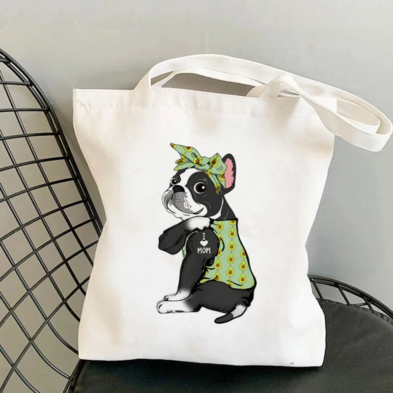 

Shopper Green Bandanas Boston Terrier I LOVE MOM Printed Tote Bag women shopper handbag girl Shoulder shopping Lady Canvas Bag