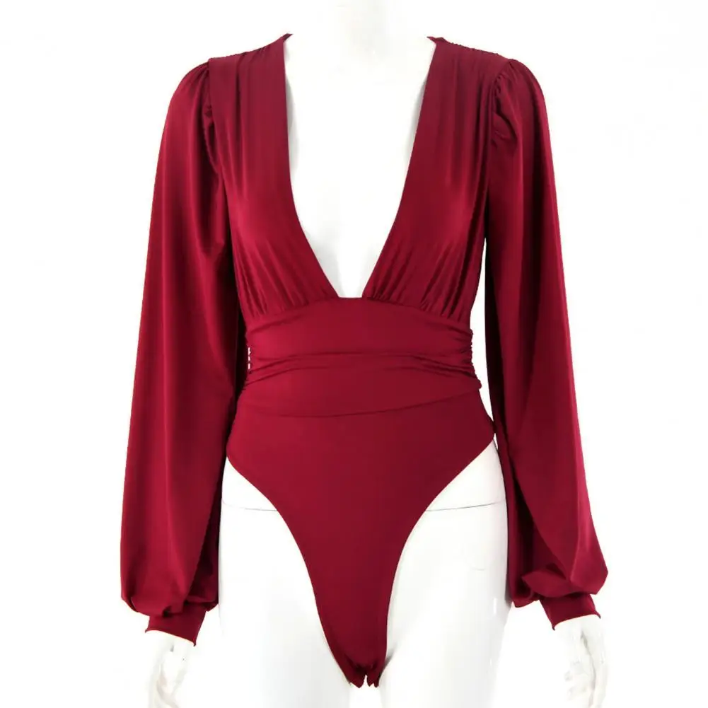 

Spring Women's Playsuits Sexy Women Bodysuit Long Puff Sleeve Solid Color Deep V Neck Skinny Romper Jumpsuit for Party Club