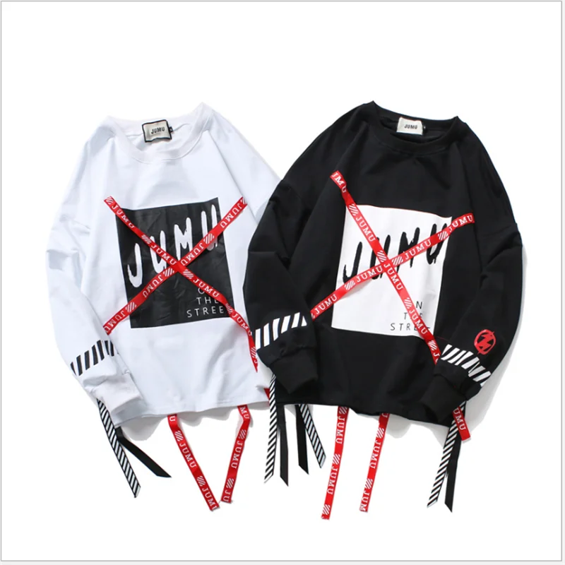 

Red Ribbons Letter Casual Hip Hop White Hoodies Sweatshirts Men's Loose Men Male Black Sport for Men Boy Top Pullover Vetements