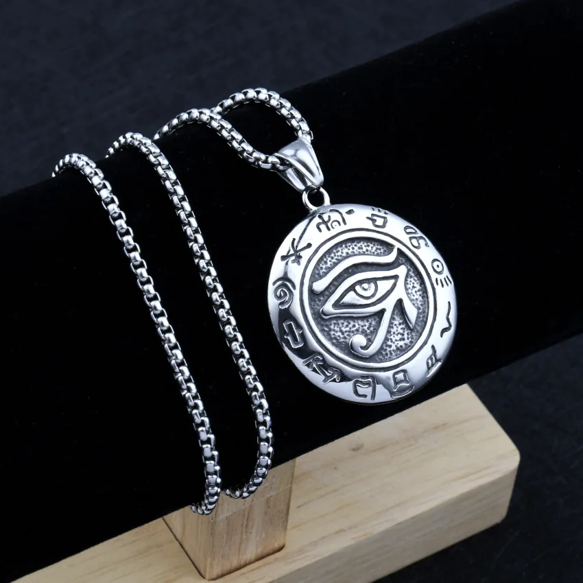 Vintage Silver Color Stainless Steel Chain Necklaces for Men Male Punk Round Horus Eye Pendant Necklace for Women Viking Jewelry