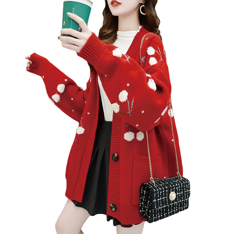 

Женский однобортный Свитер оверсайз QRWR, повседневный вязаный кардиган с принтом и V-образным вырезом, в Корейском стиле, весна-осень 2020