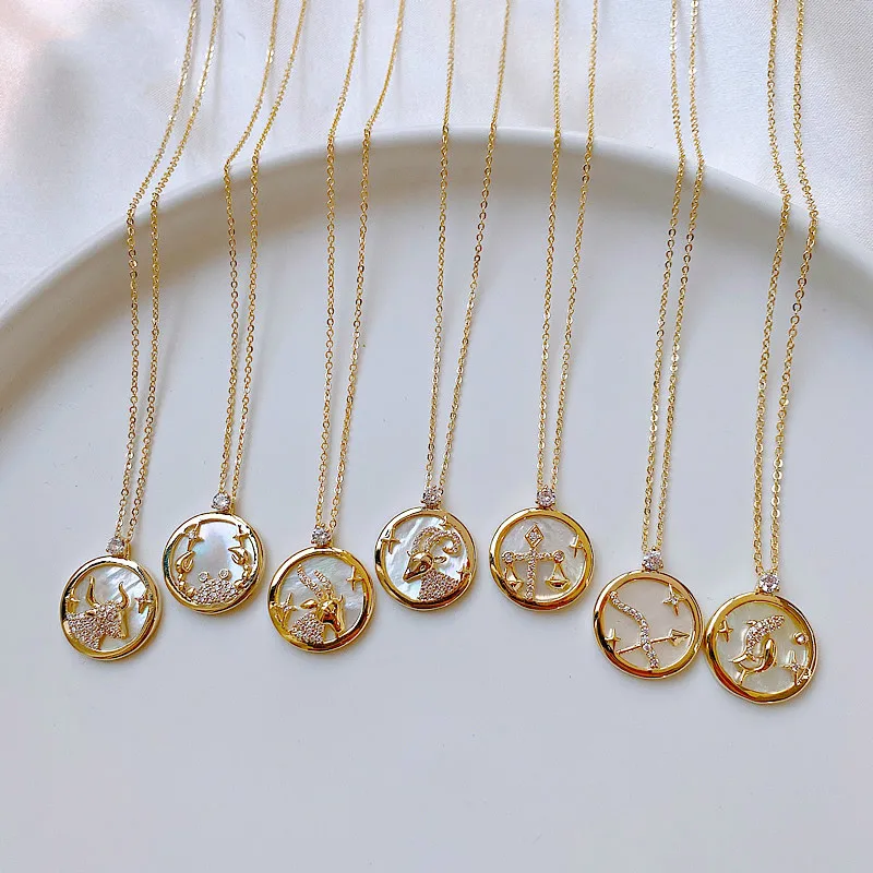 

2021 Luxury 12 Constellation Chain Necklaces For Women 16k Gold Plated Zodiac Sign Zircon Rings Men Couple Jewelry Birthday Gift