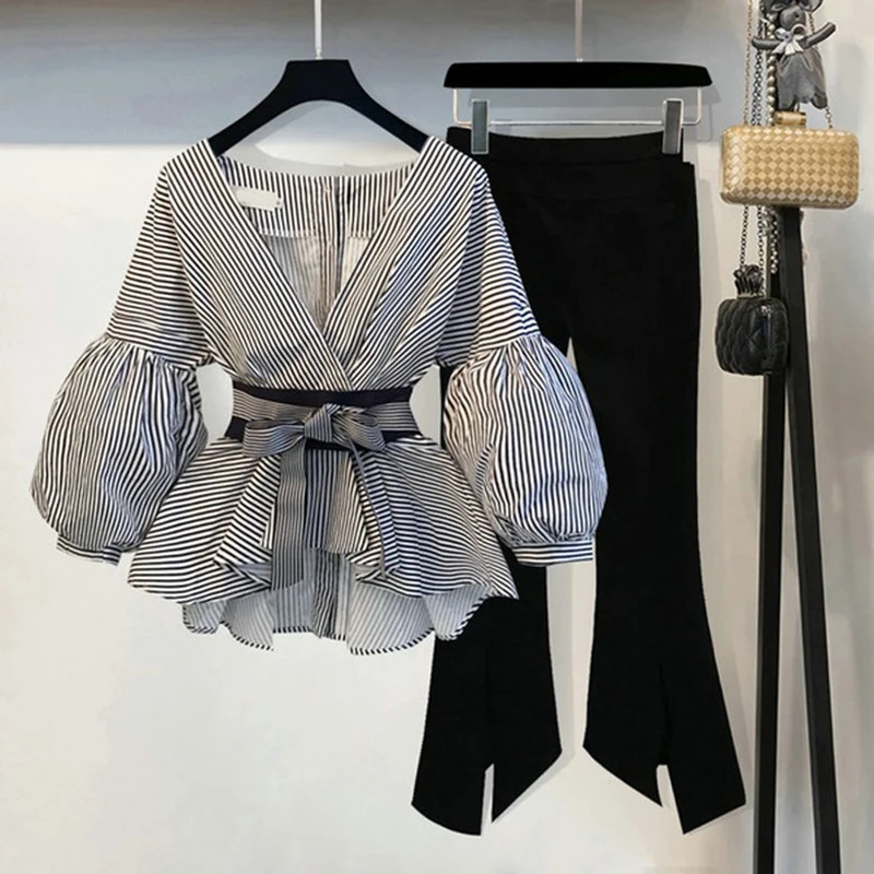 New 2022 Spring  2 Pcs Suits Women's Striped Bow Lantern Sleeve Blouse Black Split Flare Sleeve two piece set top and pants
