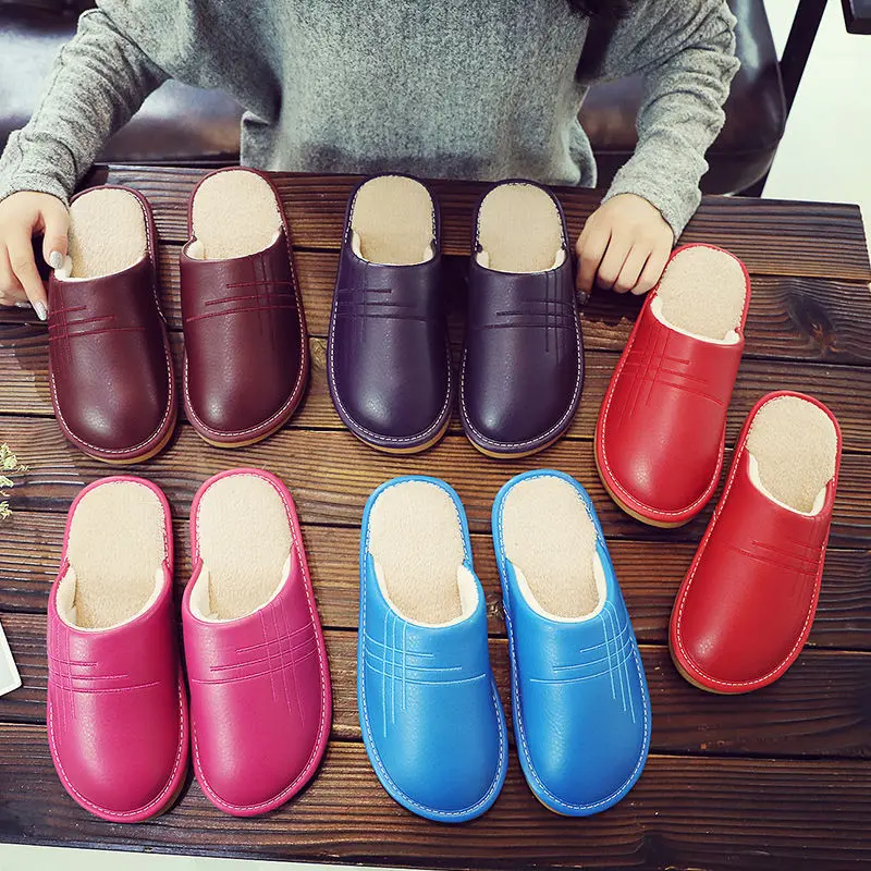 

Classic Leather Slippers Men Winter Home Shoes Comfortable Mens Mens Slippers Indoor Warm Fur Shoes Waterproof Couple Slippers