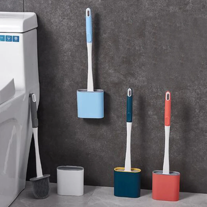 

WC Toilet Brush Water Leak Proof With Base Silicone Flat Head Flexible Bristles Brush with Quick Drying Holder Cleaning Brush