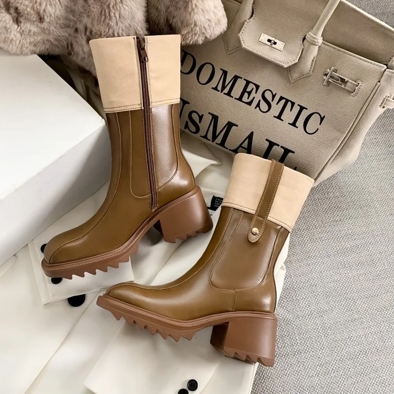 

Autumn and Winter Outdoor Work Rain Boots PVC Zipper High Heel Short Boots Square Toe Waterproof Designer Shoes Botas De Mujer