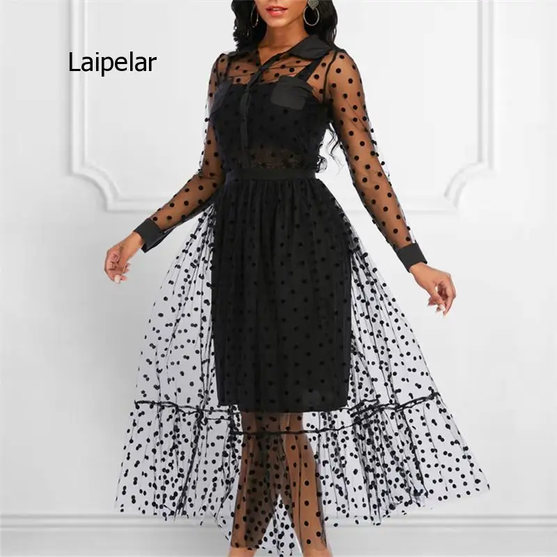 

Women Black Mesh Two Pieces Set Polka Dot See Through Shirts Tops Lining Elastic Waist Pleated Dress