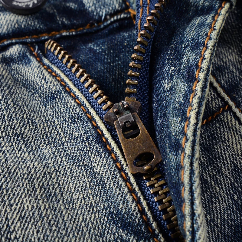 

Italian Style Fashion Men Jeans Distressed Wash Retro Blue Elastic Slim Fit Ripped Jeans Men Vintage Designer Cotton Denim Pants