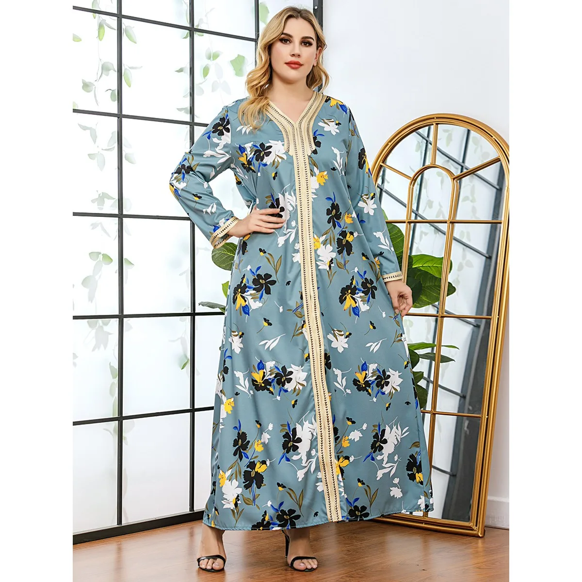 

Loose Long Dresses For Women Long Sleeve V-neck Floral Printed Dress Evening Party Robe Gowns Fashion Plus Size Clothes 2021