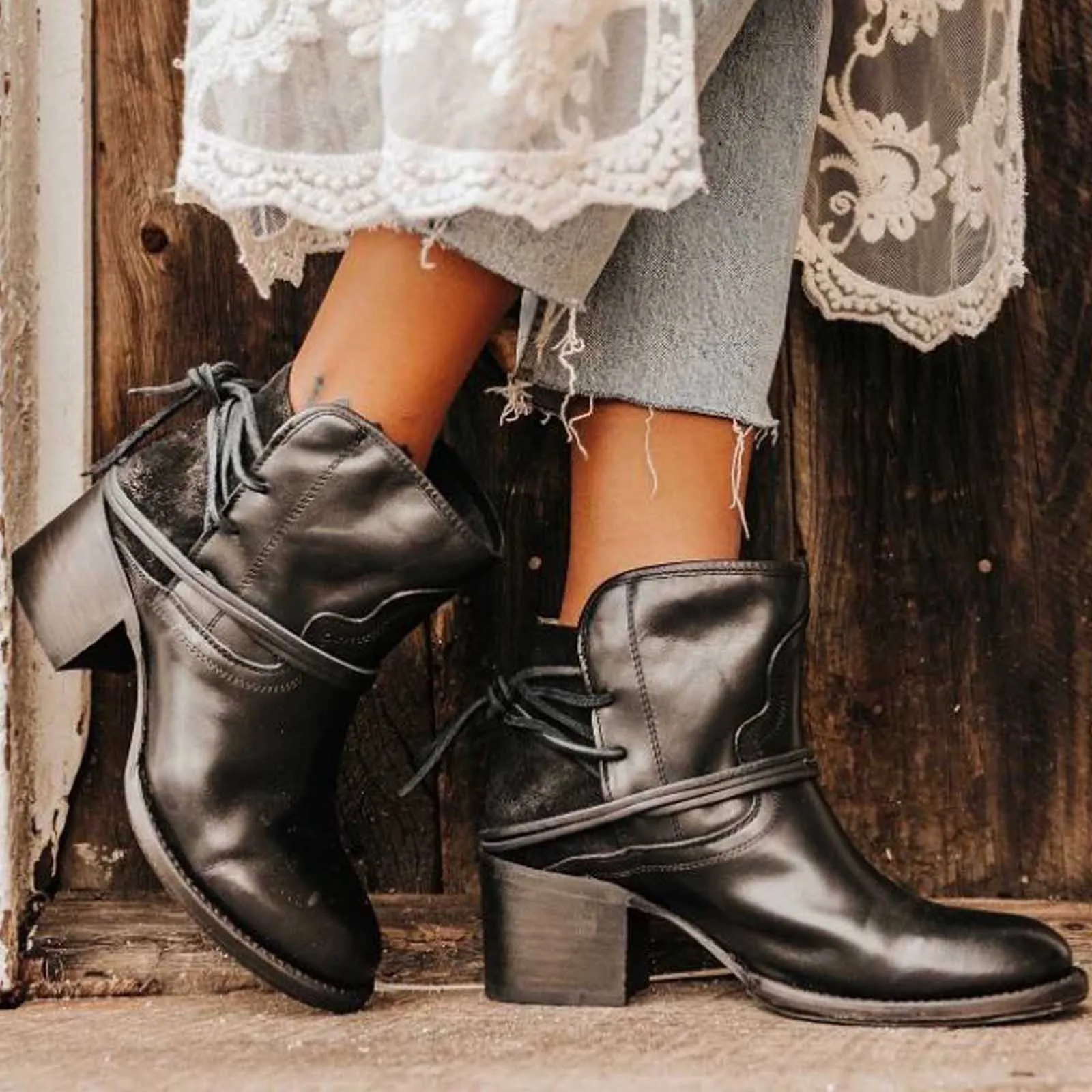 

Fashion Boots Fashion Lace Up Thick Heel Women's Shoes Classic Short Boots 2021 New Trendy Casual Ladies Shoes Женские сапоги