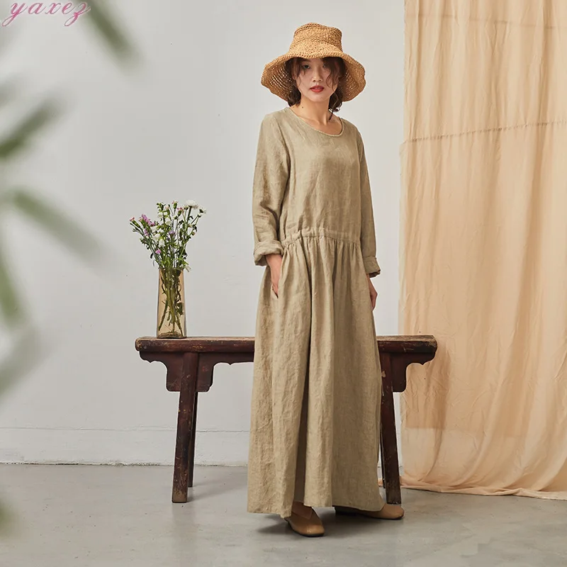 2019 Dress Flax Rough And Thick Hemp Color Round Collar Manual Embroidery Thread Waist Drawstring Loose | Женская одежда