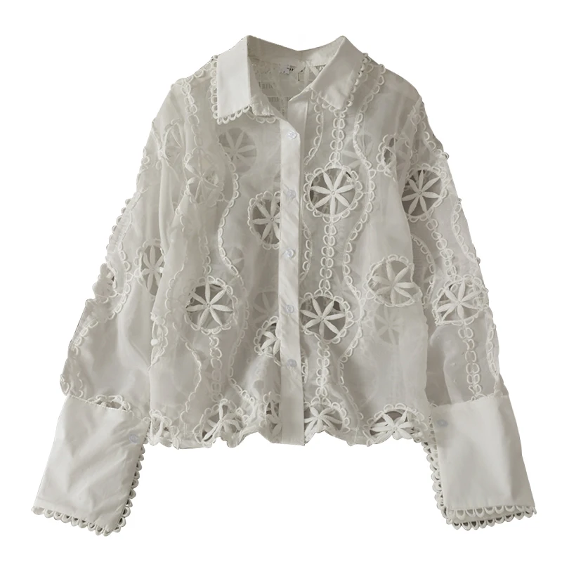 

hook flower single breasted cardigan base coat women's versatile polo collar long sleeve top in autumn and winter 2020