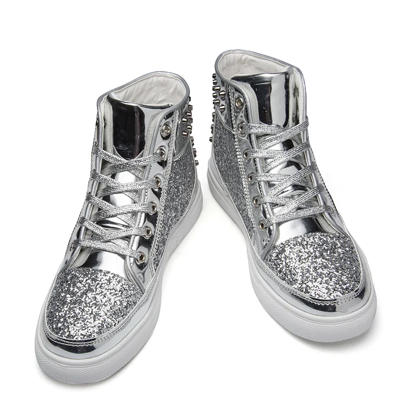 

Ladies Korean High-top Shoes Boots Ladies Rivet Flat Shoes Sequined Shiny Leather Casual Autumn Ankle Boots Lace-up Leather Shoe