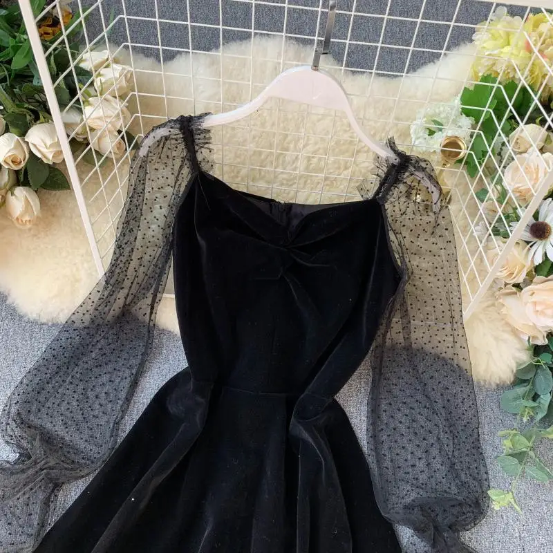 Черное рождественское сексуальное вечернее платье женское осеннее Сетчатое
