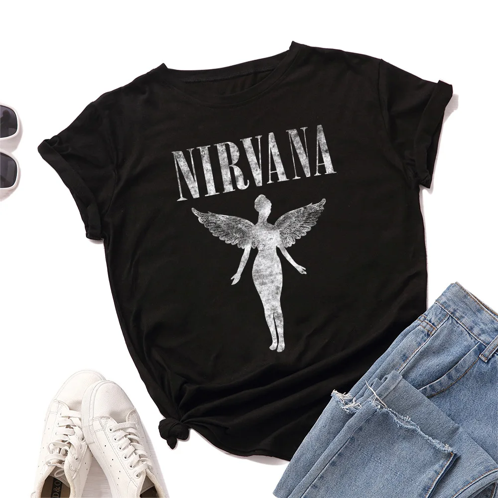 

2020 Summer Women Tshirt Nirvana Print Short Sleeve Tees Tops Ladies Harajuku Angel Plus Size TShirt Streetwear Woman Tee shirts