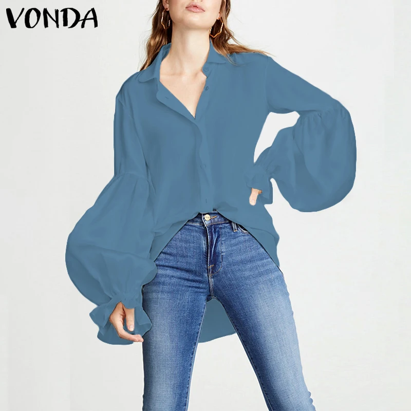 Винтажная Элегантная Повседневная блуза VONDA с v-образным вырезом, женские вечерние блузы, топы 5XL, лето-осень, рубашки с рукавом-фонариком, Пляжная туника