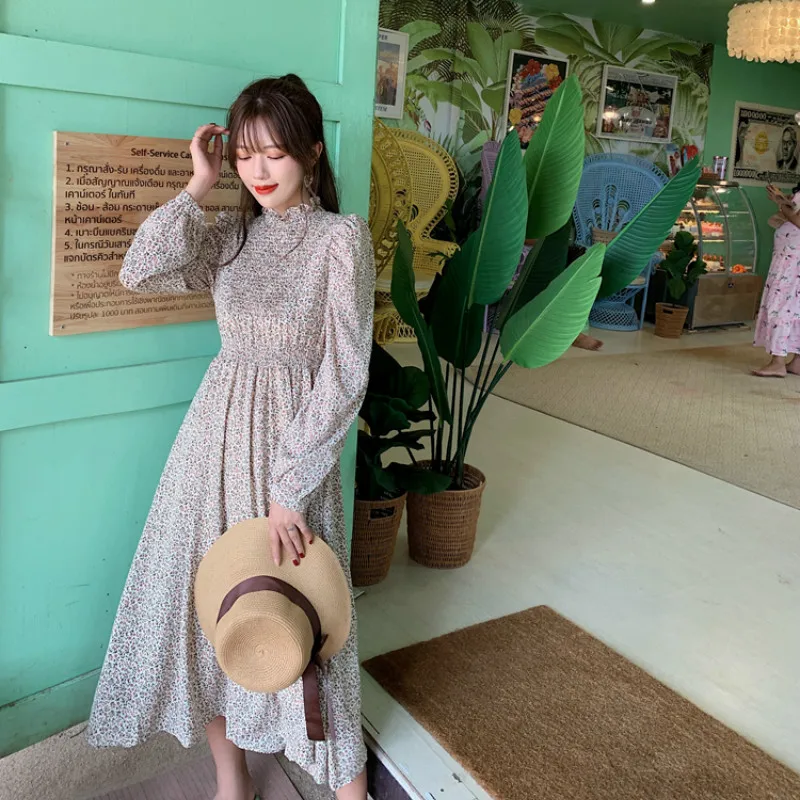 

XIBUSANA A-line Skirt Korean Version of All-match Printed Dress Long Sleeves Hedging High Waist Slim Chiffon Long Dresses Women