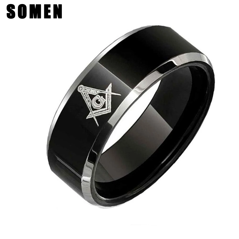 

Somen Ring Men Vintage 8mm Black Tungsten Ring Beveled Edges Polished Men Jewelry Freemason Masonic Geometric Design Bague Homme