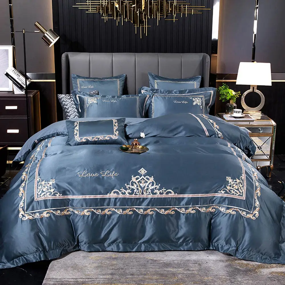 

Svetanya Blue Grey Embroidery Bedding Set Silk Cotton Linens Queen King Size Duvet Cover Set Flat /Fitted Sheet Pillow Sham