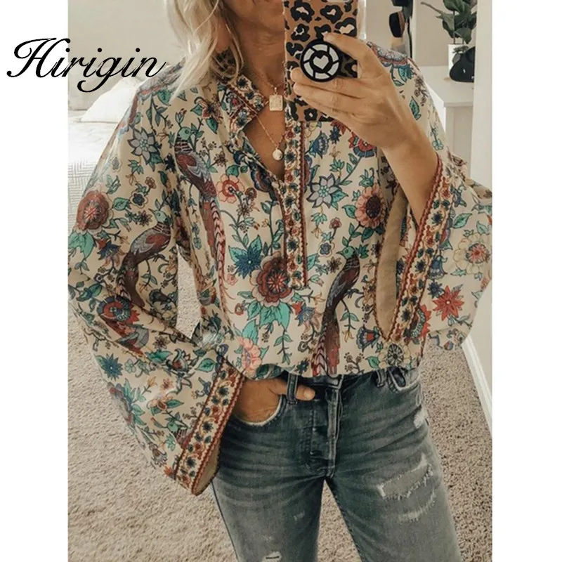 Новинка 2019 популярная винтажная Женская осенне летняя блуза с v образным вырезом