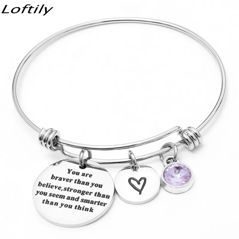 Женский браслет с регулируемыми буквами и камнями рождения из нержавеющей стали "Вдохновение, мужество и дружеские узы"