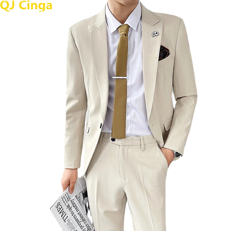 

QJ CINGA Grey Two-piece Men's Suit Business Office Dress Jacket and Pants Vest Wedding Party Terno Masculino Black Khaki Tuxedo