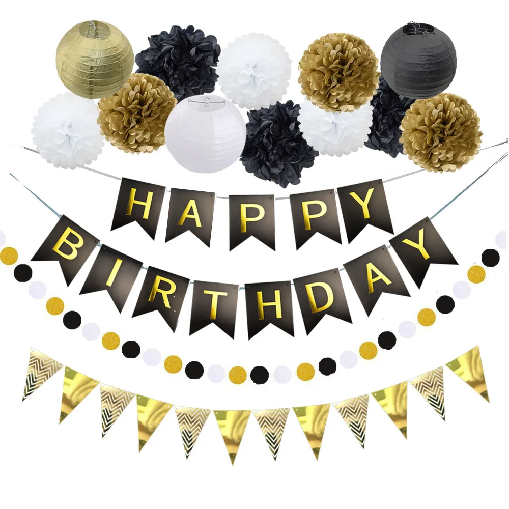 Набор подвешивающихся бумажных фонарей золотистые черные белые 15 шт.|Украшения