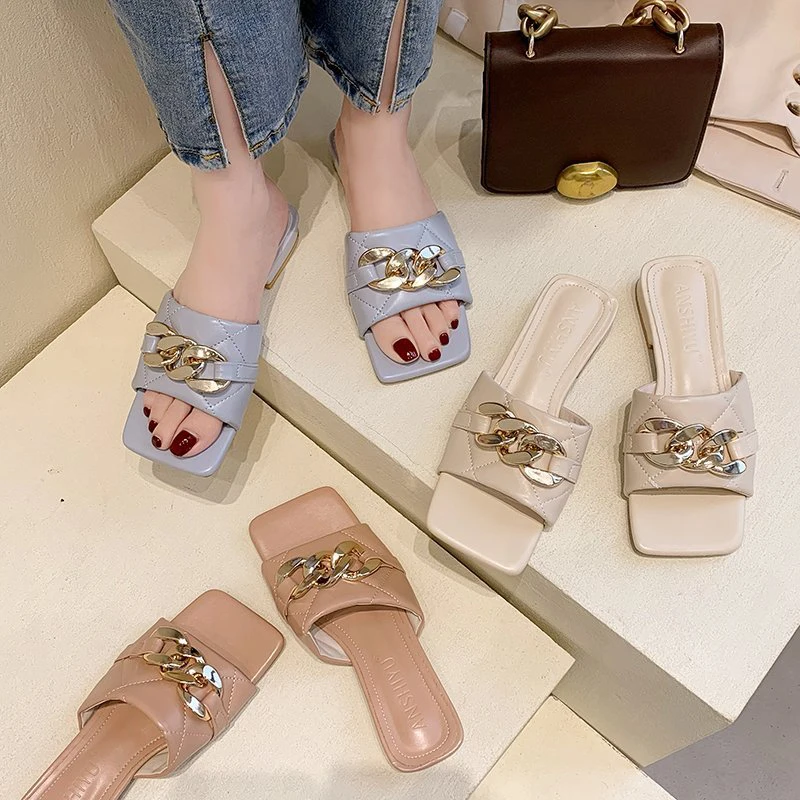 

Slippers Women Summer Slides Rivet Low Shoes Pantofle Square heel Fashion 2021 Block Luxury PU Rubber Hoof Heels Metal Female S