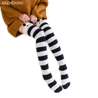animal modeling stockings women soft coral fleece knee socks girls cute bows striped cute cozy female long thigh high socks