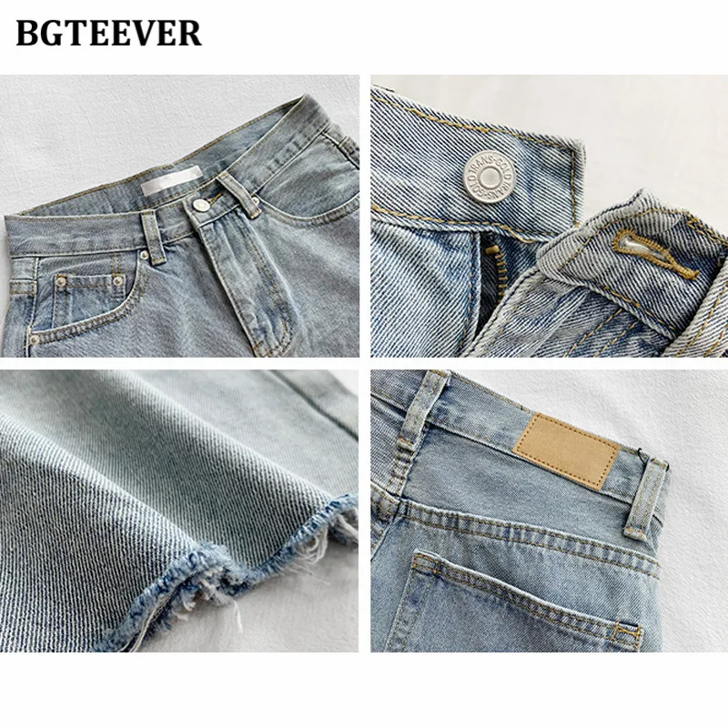 BGTEEVER винтажные рваные края однотонные прямые джинсовые шорты для женщин 2021