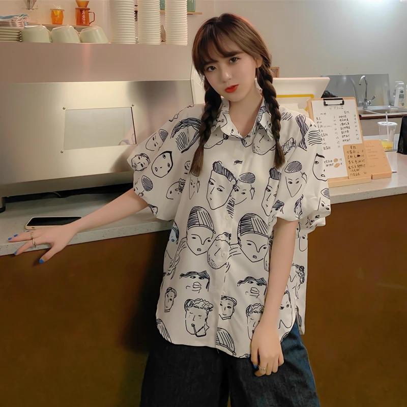 

Korejepo Women Shirts 2021 Summer Japanese Sweet Hand-Painted Print Designed Niche Bubble Short-Sleeved White Chiffon Blouses